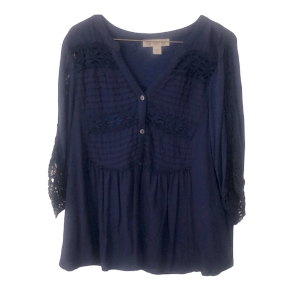 🌞 Vintage America Blue Boho Tunic Blouse free flowing relaxed lace women M